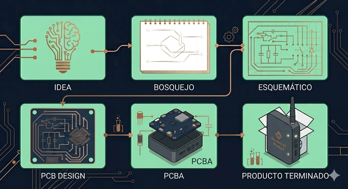 Proceso RomboLab: idea, bosquejo, esquemático, PCB design, PCBA y producto terminado